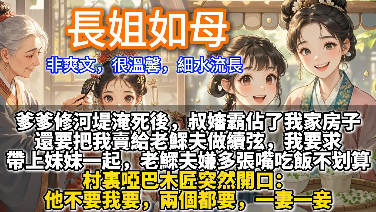 完結娓娓道來溫馨文：長姐如母。爹爹修河堤淹死了，叔叔嬸嬸霸佔了我家的房子。還要把我賣給老鰥夫做續弦。我要求帶上妹妹一起。老鰥夫嫌多張嘴吃飯不划算。村裏的啞巴木匠突然開口：他不要我要，兩個都要，一妻一妾