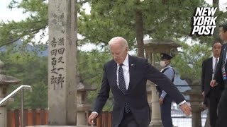 President Biden looks confused, almost tumbles down stairs at G7 summit | New York Post