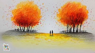 How to draw Autumn Scenery Art for Beginners || Easy and Simple Coloring