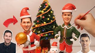 Cristiano Ronaldo and Messi Christmas costumes ，Handmade realistic clay figures .