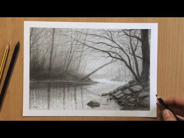 Kilkenny landscape art  Charcoal and Pastels on Paper  Winter trees   Nigel Borrington