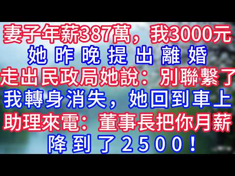 妻子年薪387萬，我3000元，她昨晚提出離婚，走出民政局她說：別聯繫了。我轉身消失，她回到車上，助理來電：董事長把你月薪降到了2500！#岁月温情 #情感故事#幸福生活#為人處世#生活經驗#婆媳故事