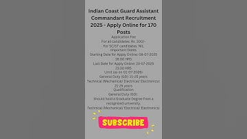 Indian Coast Guard Assistant Commandant Recruitment 2025 - Apply Online for 170 Posts #job #shorts