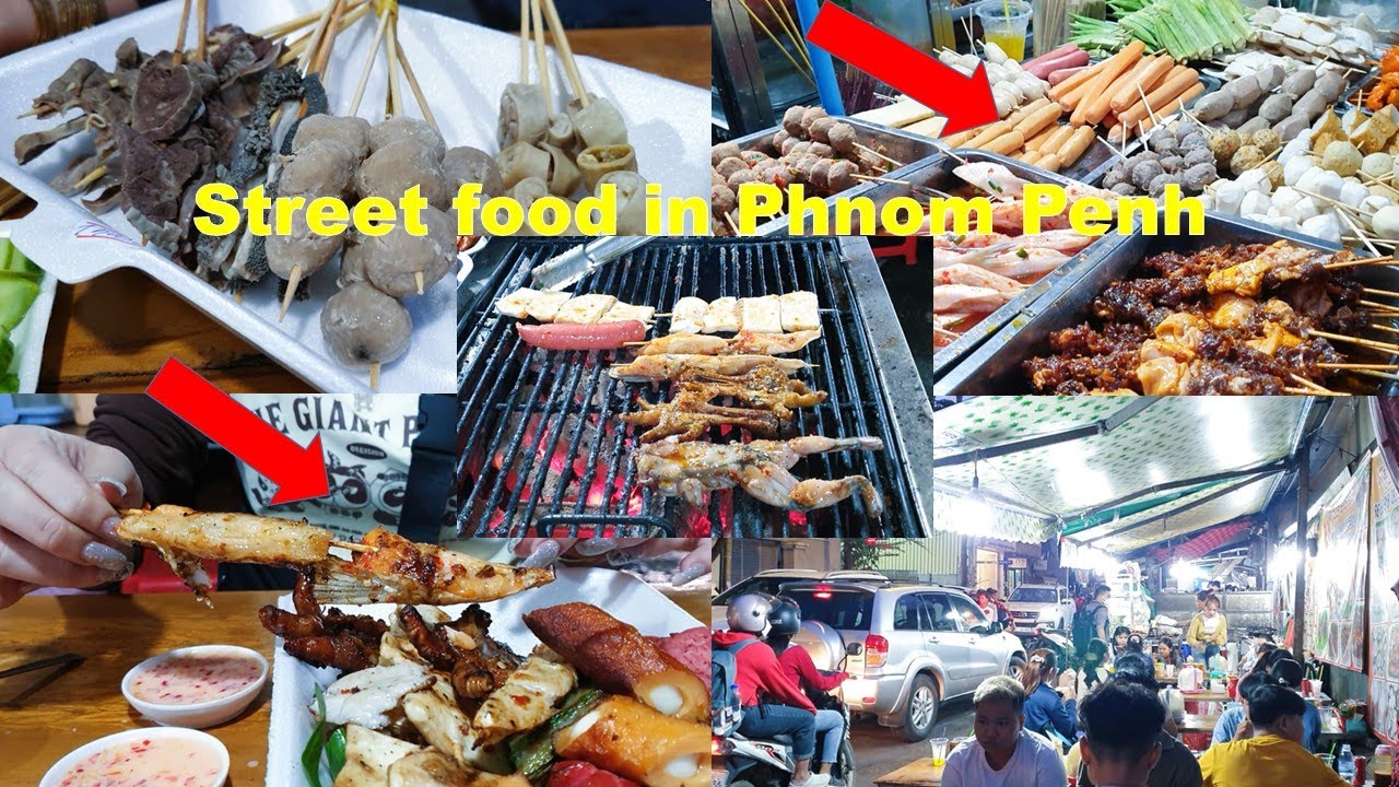 Meatballs, Grilled frog, Boiled beef Stomach Street food in Phnom