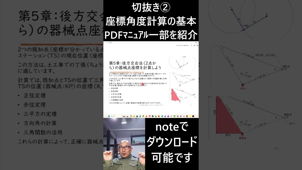 切抜き②TS測量の座標・角度計算【PDFマニュアル一部公開】　#測量 #現場測量 #土木 #トータルステーション #TS測量 #座標計算 #逆打ち #逆トラ #後方交会 #三角関数 #平面直角座標