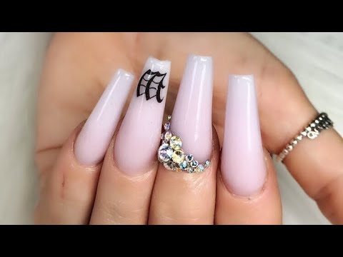 Long Ballerina Acrylic Nails In A Milky Pink Design With Bling