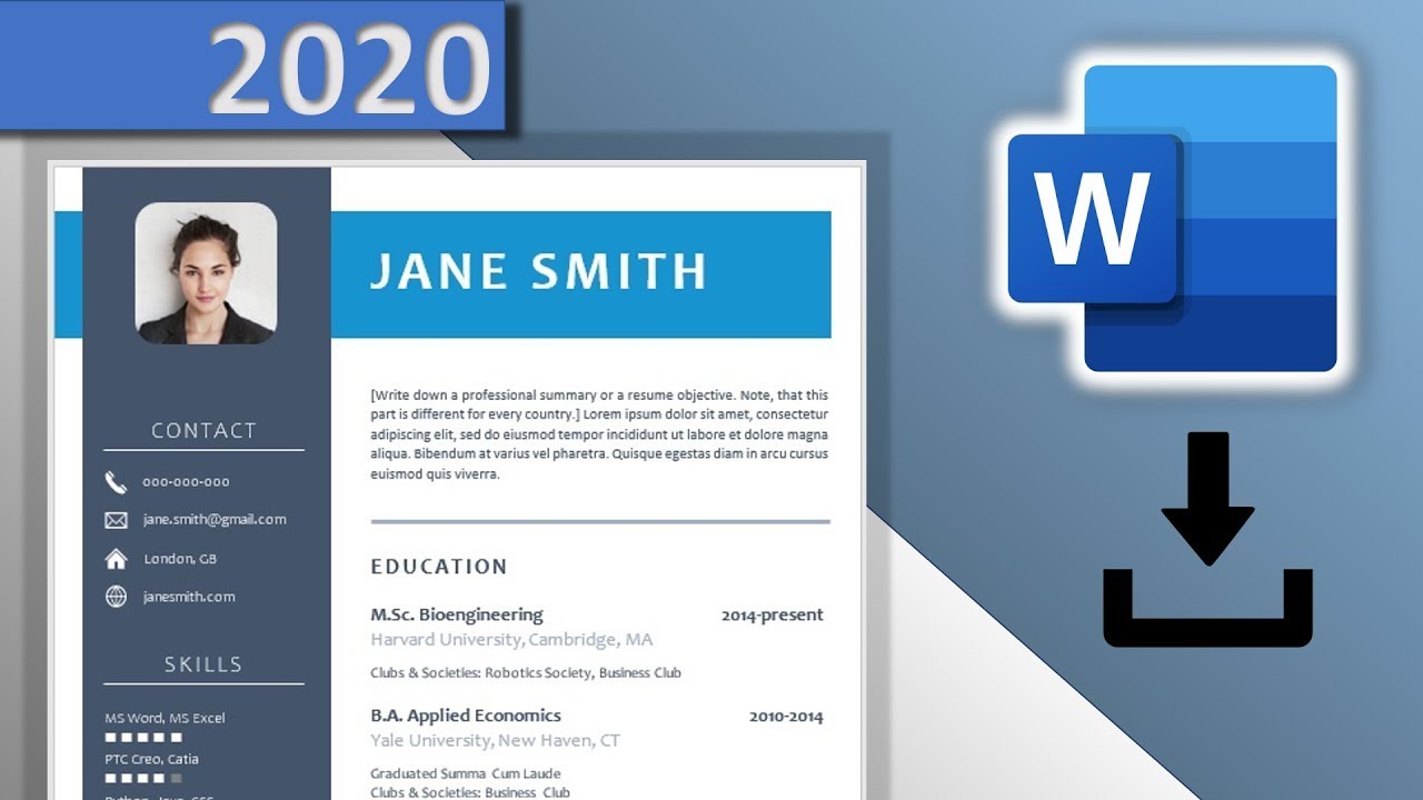 ดาวน์โหลด resume  2022 New  CV Template Word DOWNLOAD FREE ⬇ (2020) 😱 - Blue Resume Design with Icons ✪ DOCX ✪