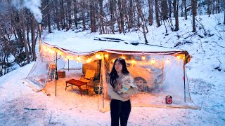 Download Lagu ❄️ 눈덮힌 숲속 270도 회전 어닝텐트에 화목난로 설치해 강아지와 차박 그림캠핑 | 붓소리, 장작소리ASMR MP3