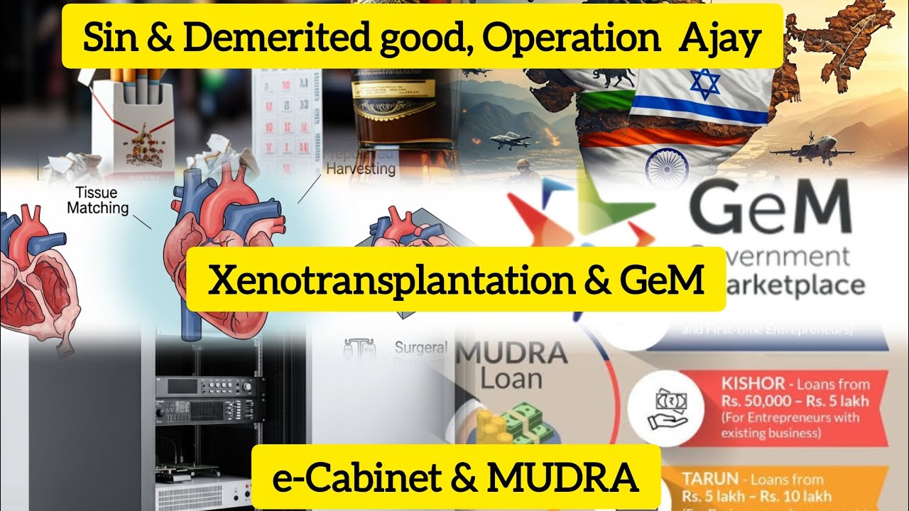 Sin & Demerited goods, Operation Ajay, Xenotransplantation, GeM, e-Cabinet & MUDRA