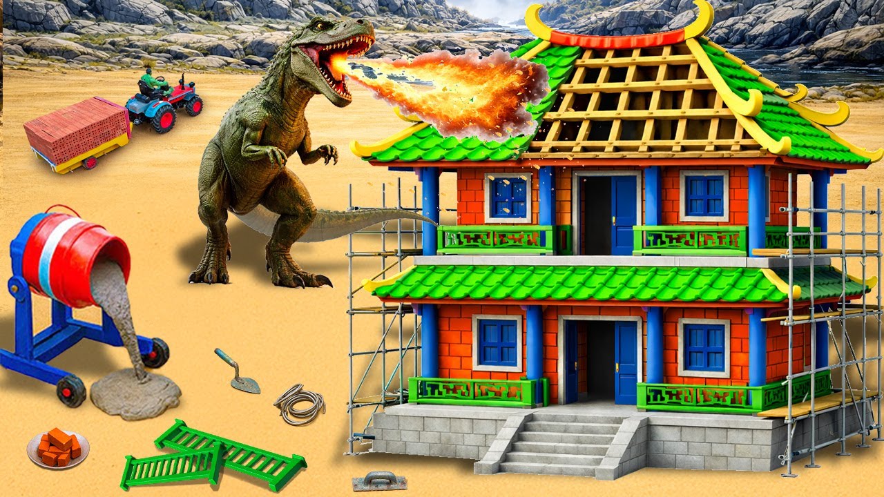 Fire-Breathing Dinosaur Burns House – DIY Mini Tractor Builds a 2-Story Curved-Roof Brick House