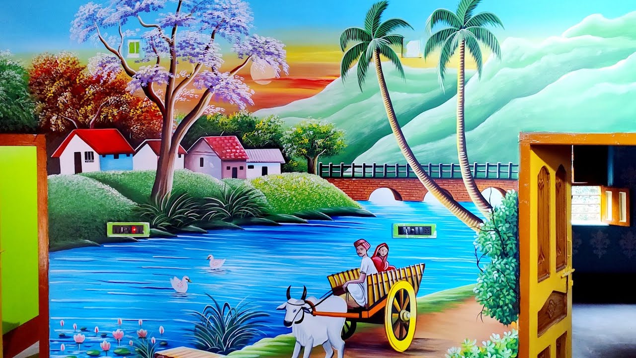 village scenery wall painting || indian village scenery drawing with ...