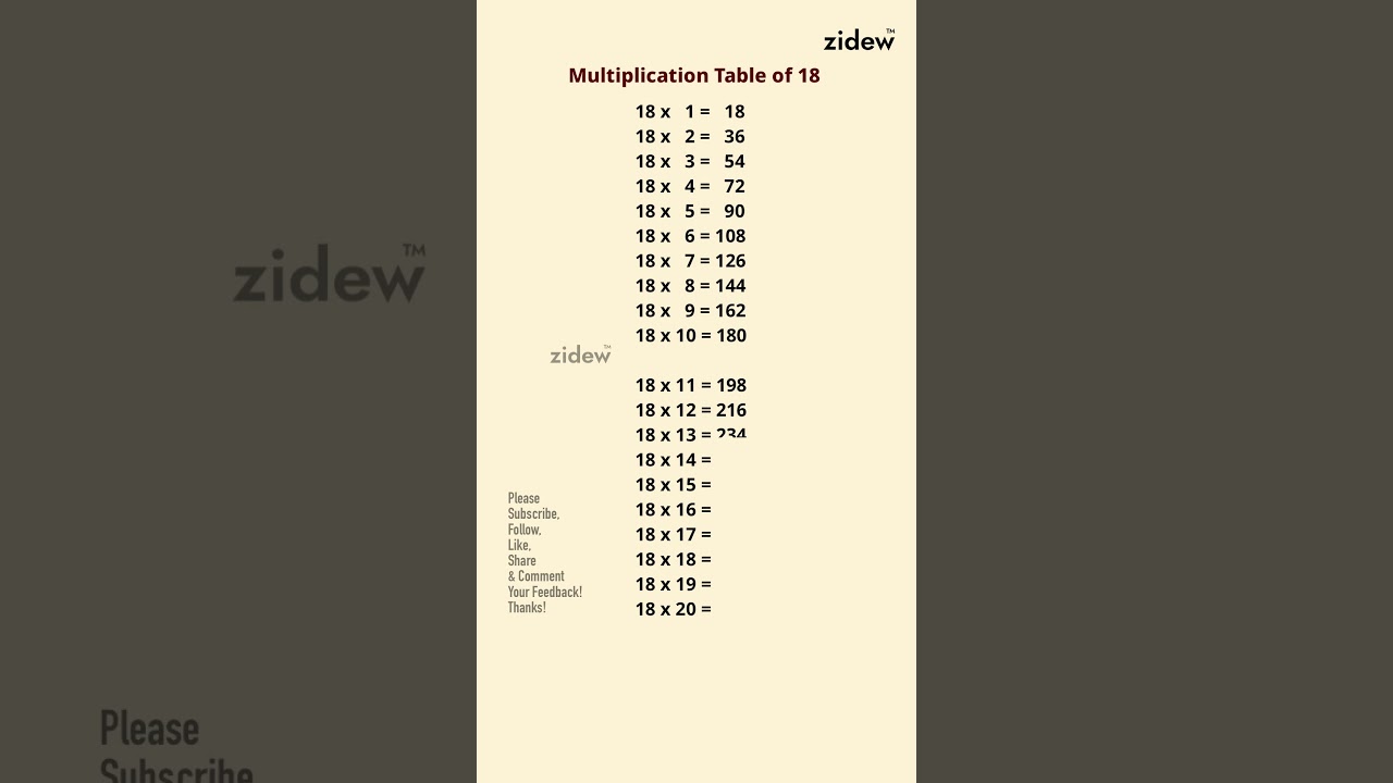 Multiplication Table of 18 • Numbers • IQ • Skill • zidew academy