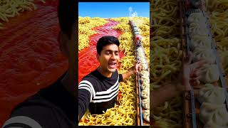 Asian man in a surreal landscape of yellow chowmein noodles, wide river of vibrant red chutney flows