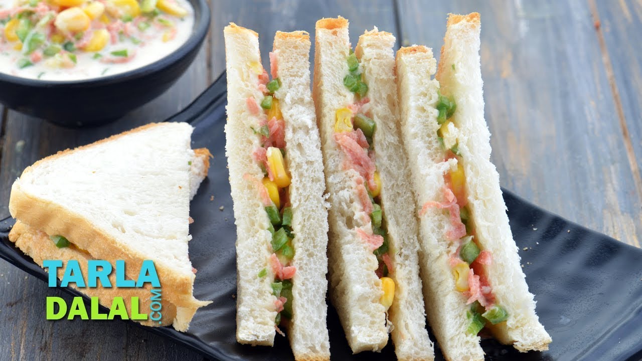 Cheesy Corn and Carrot Sandwich, Travel Sandwich by Tarla Dalal