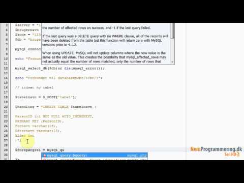 MySQL og PHP kursus- #8 Video tutorial - Opret ny tabel via din hjemmeside