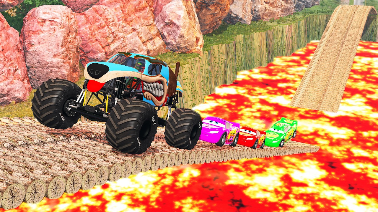 3 LIGHTNING MCQUEEN CARS LAVA CROSSING VS ANGRY MONSTER TRUCK