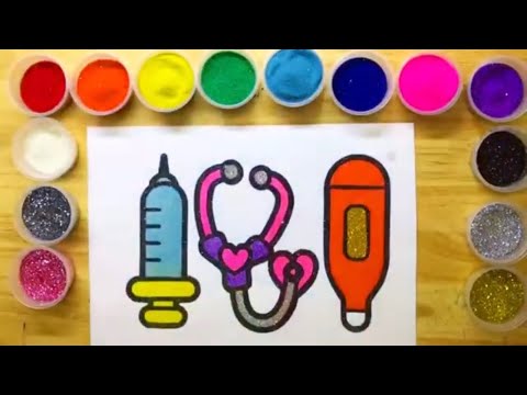 Tô màu tranh cát cho bé - dụng cụ bác sĩ - tai nghe, nhiệt kế, ống tiêm