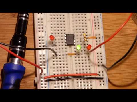 LED used as light sensor for 741 op amp inverting comparator demonstration circuit by electronzap