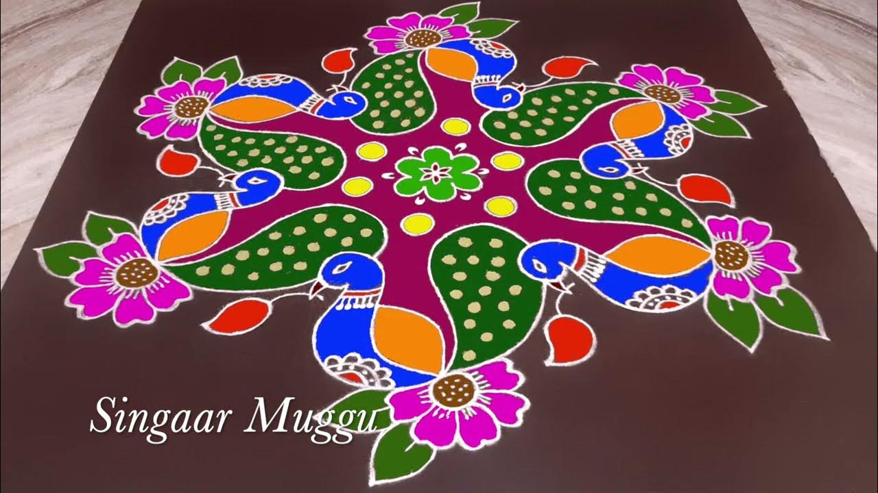 Peacock Rangoli with 11X6 dots Cute deepam rangoli Mayil kolam