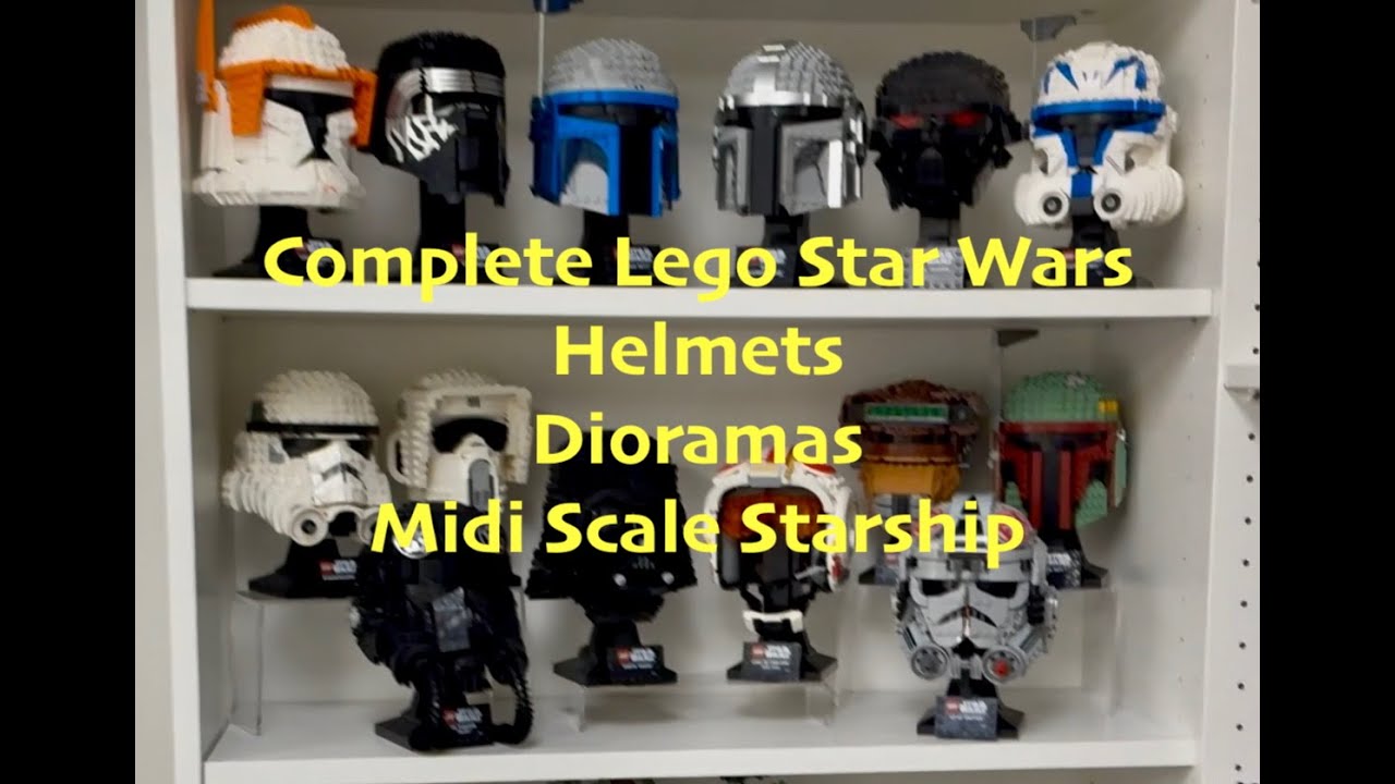 Полная коллекция Lego Star Wars — шлемы, диорамы и корабли среднего масштаба.
