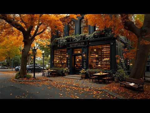 Autumn Coffee Shop on a Quiet Street 🍂Cozy Jazz Ambience with Soft Falling Leaves for Study & Unwind