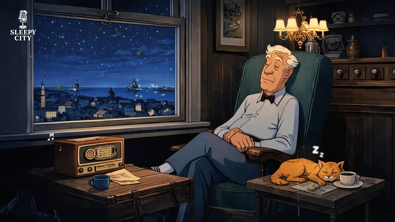 Vintage Oldies Playing Softly at Night as Grandpa Rests by the Starlit Window
