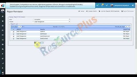 How to set the Reports permission for different roles in ResourcePlus HRMS application?
