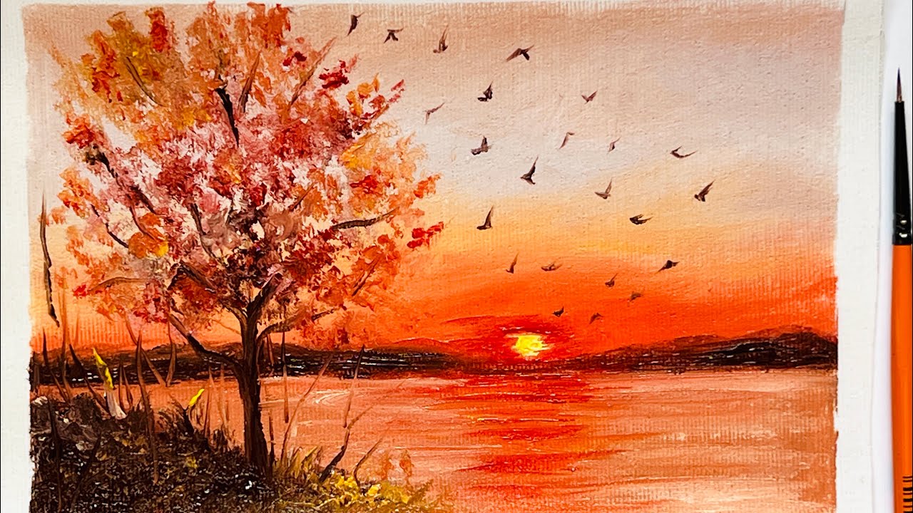 Beautiful Autumn Sunset Tree 🍁Easy Oil Painting for Beginners 