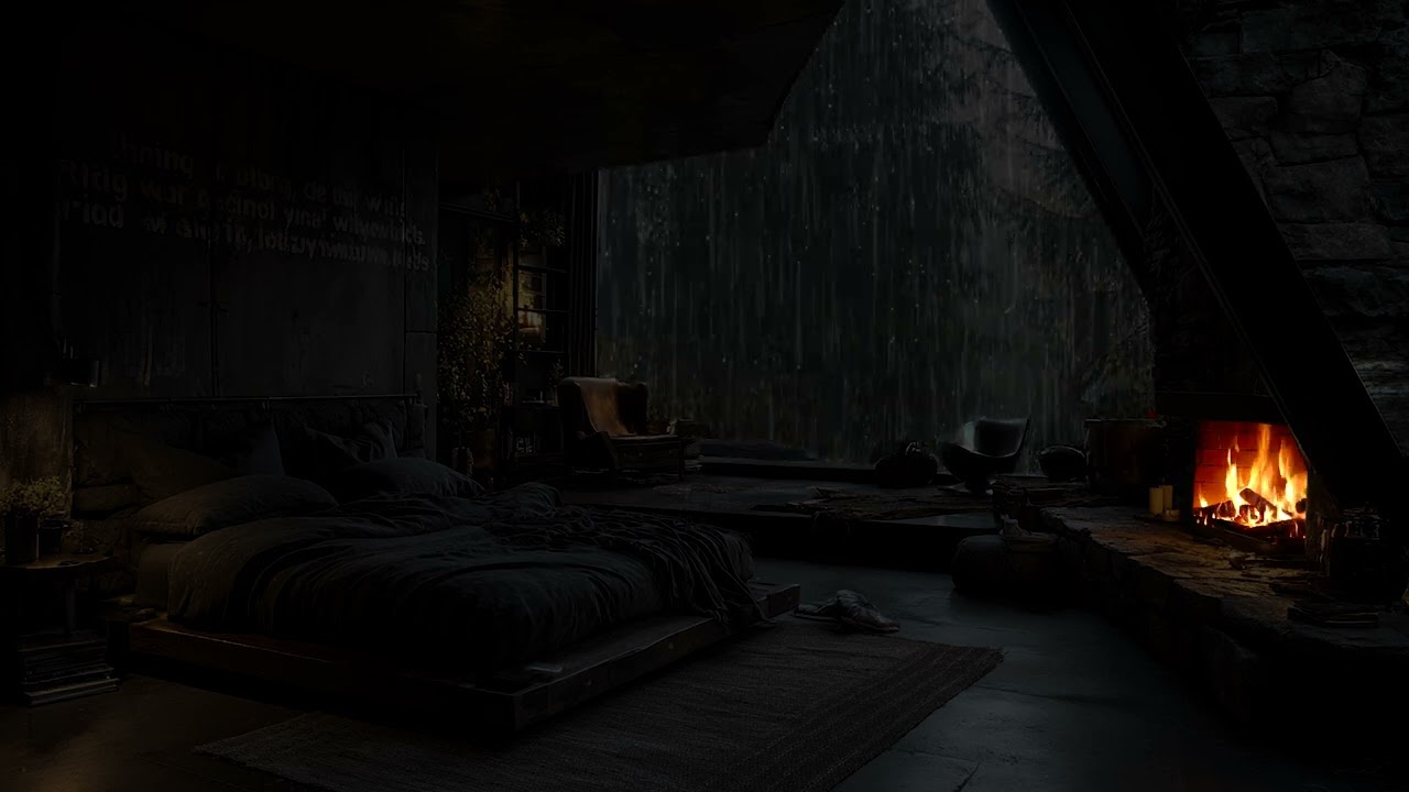 Endless Rain Falling Across the Dark Pine Forest | Cozy Indoor Fireplace Ambience Nature Rain Sounds