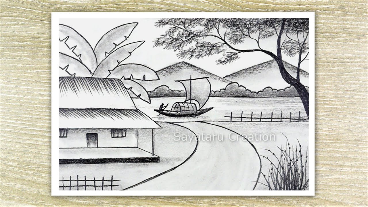 Riverside Village Nature Drawing with Pencil, Pencil Sketch ...