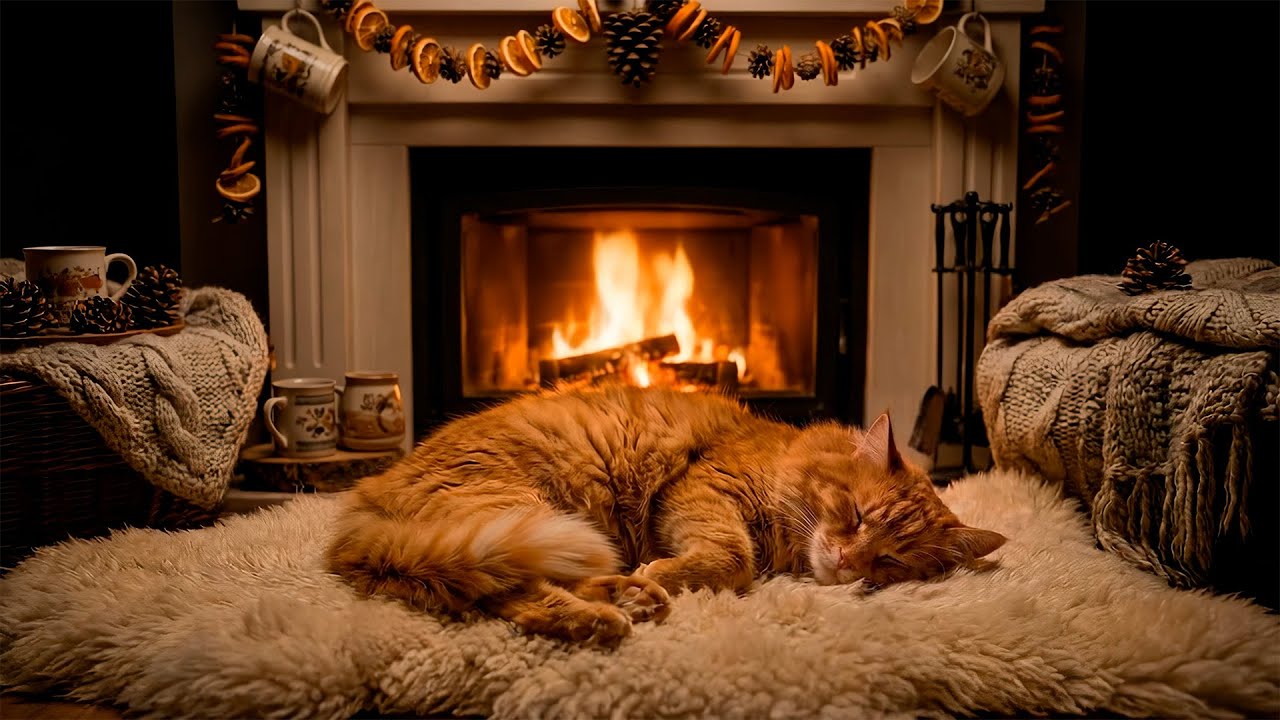 🔥 Уютный камин с мурлыкающим котом 😺 Мягкие ASMR-звуки для сна и расслабления