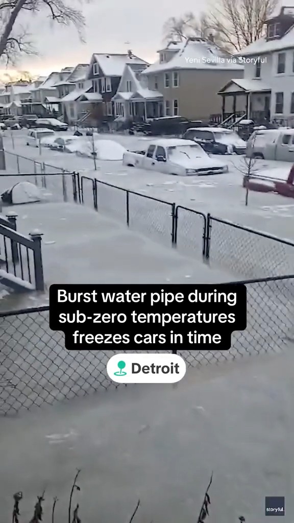 Burst water pipe in Detroit during sub-zero temperatures freezes cars #shorts