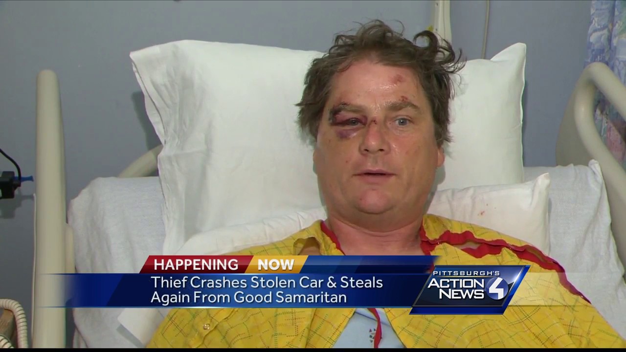 Thief crashes stolen car and steals again from good samaritan - YouTube