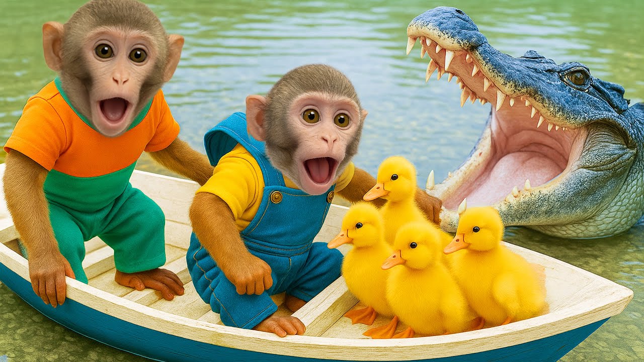 Умная обезьянка Бим Бим водит лодку по реке и помогает утенку спастись от крокодила.