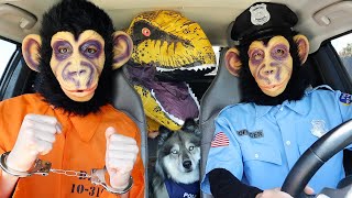 Monkey Police Steals Puppy From T Rex &amp; Gorilla In Car Ride Chase!