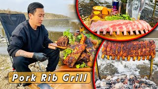 Pork Ribs Grill Recipe Making & Eating at Outside River | The most delicious Pork Rib BBQ | Pork bbq