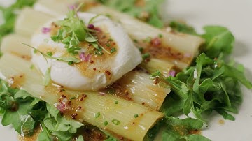 Negi Confit with Whole Grain Mustard Vinaigrette and a Poached Egg