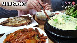 Real Mukbang:) Second round of Korean home food🏠 (steamed egg🥚, Duck jumulreok🦆,Grilled mackerel🐟)