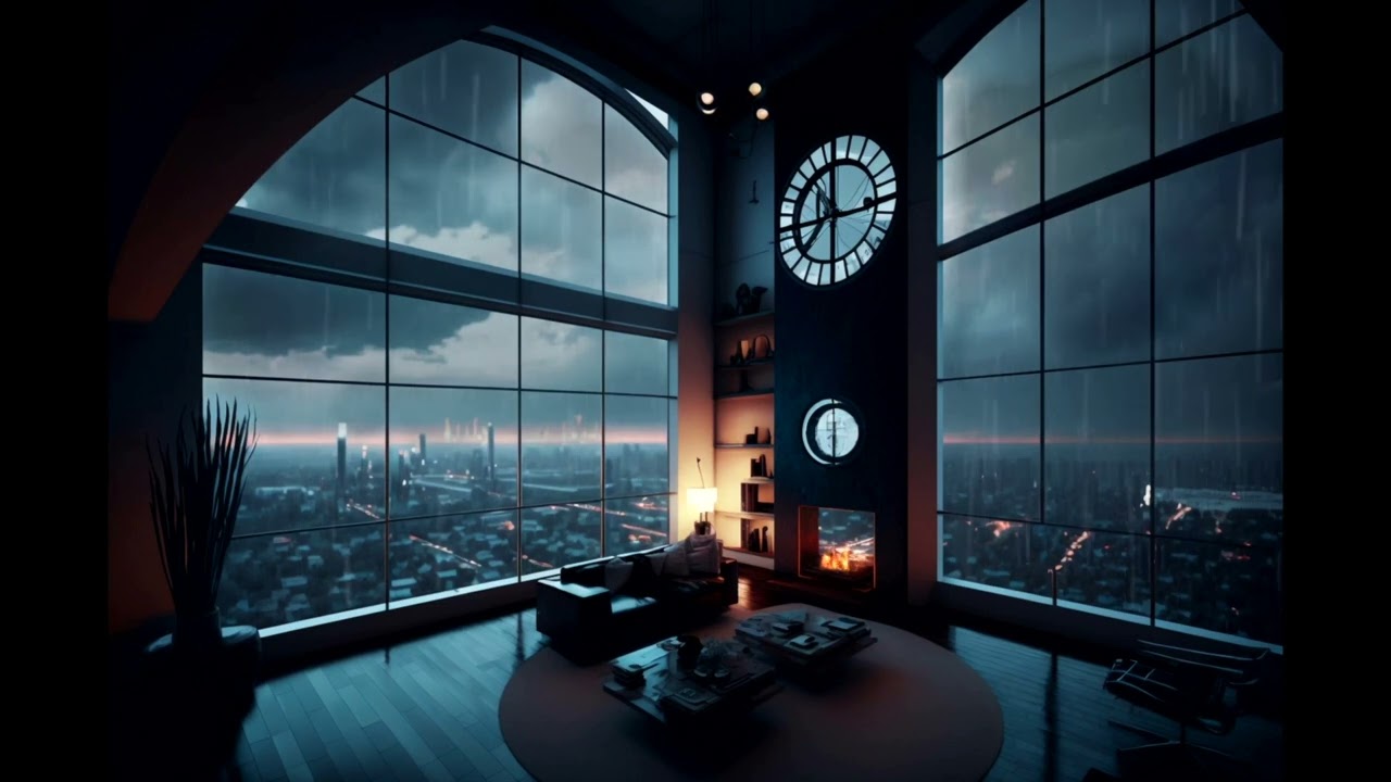 Cozy Penthouse City Loft - Living Room Ambience - Relaxing Thunder & Rain Sounds for Peaceful Sleep