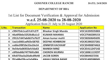 Gossner College ranchi UG Vocational Course 1st Selection List Out 2020/BBA,Biotechnology,Mass com