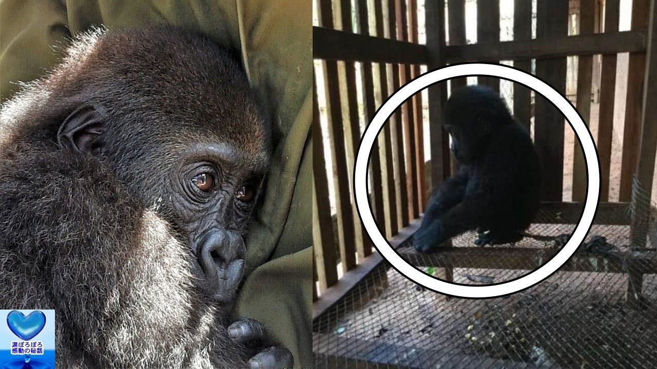 A young gorilla trapped alone in a cage in the woods - YouTube