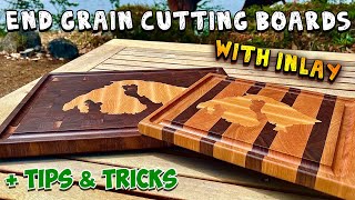 End Grain Cutting Boards with Inlay (& ZERO Hand Sanding...Even the Juice Grooves)