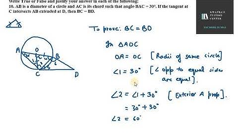 10. AB is a diameter of a circle and AC is its chord such that angle BAC = 30°  If the tangent at C
