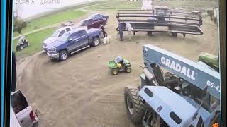 Boy rides Power Wheels UTV and crashes into farming equipment and hits head (Security camera)