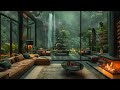 Rainy day at cozy forest room ambience crackling fire and rain sounds for meditation deep sleep