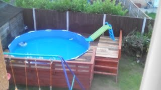 A friend of mine had stack pallets he did not need any more so i
decided to deck around my pool all the wood used came from other then
top...