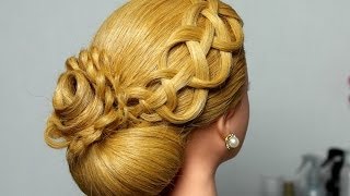 Wedding prom updo with braided flower. Hairstyle for long hair