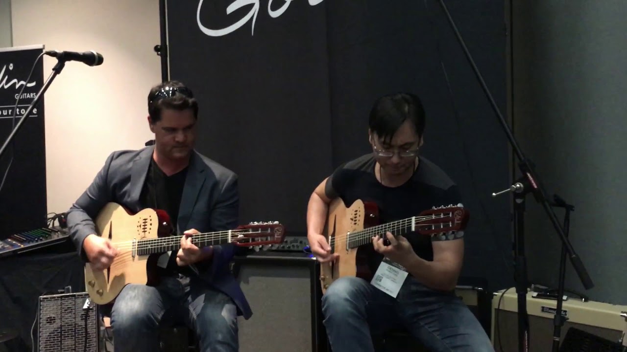 NAMM 2018 Denis Chang Demoing new Godin Gypsy Jazz guitar 2 video phone é a continuação de telephone