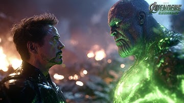 Tony Stark verandert in Doom nadat hij met zijn vingers naar Thanos knipt