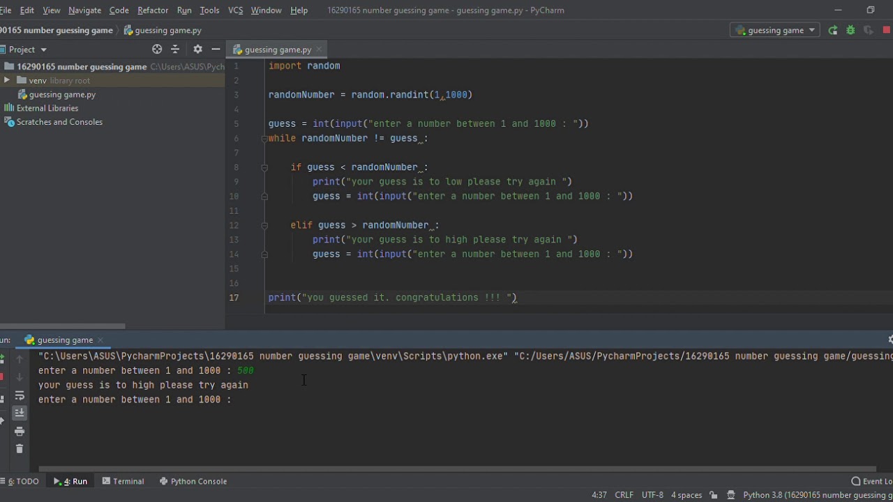 number guessing game – guessing game py PyCharm - YouTube